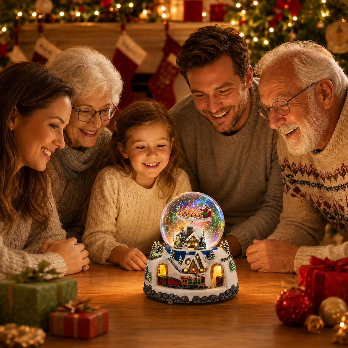 Musical Rotating Santa Claus Flying Over Village,Automatic Snowfall,Train, Christmas Snow Globe Music Box Gifts