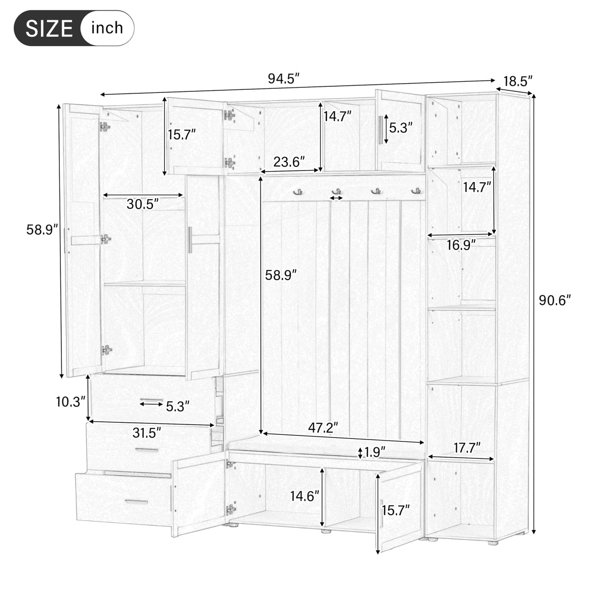 Wide Hall Tree with Cabinet and Bench, Farmhouse Mudroom Storage Organizer with 4 Hooks, and Adjustable Storage