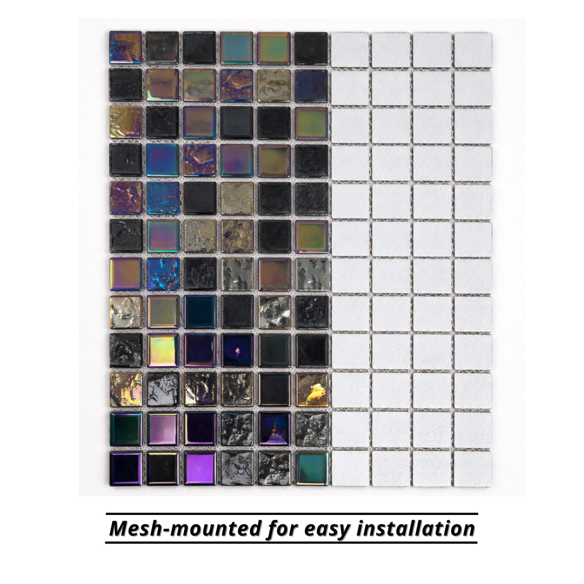 HTC Black Glass Mosaic Tiles - Iridescent Glossy Finish Wall Tile Backsplash, Bathroom Shower, Pool and Spa Accent