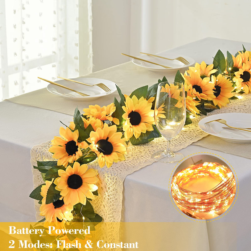 Sunflower Garland Decor with Lights, Sunflower Vines Hanging Flowers Garland with Green Leaves, Fake Yellow Flower