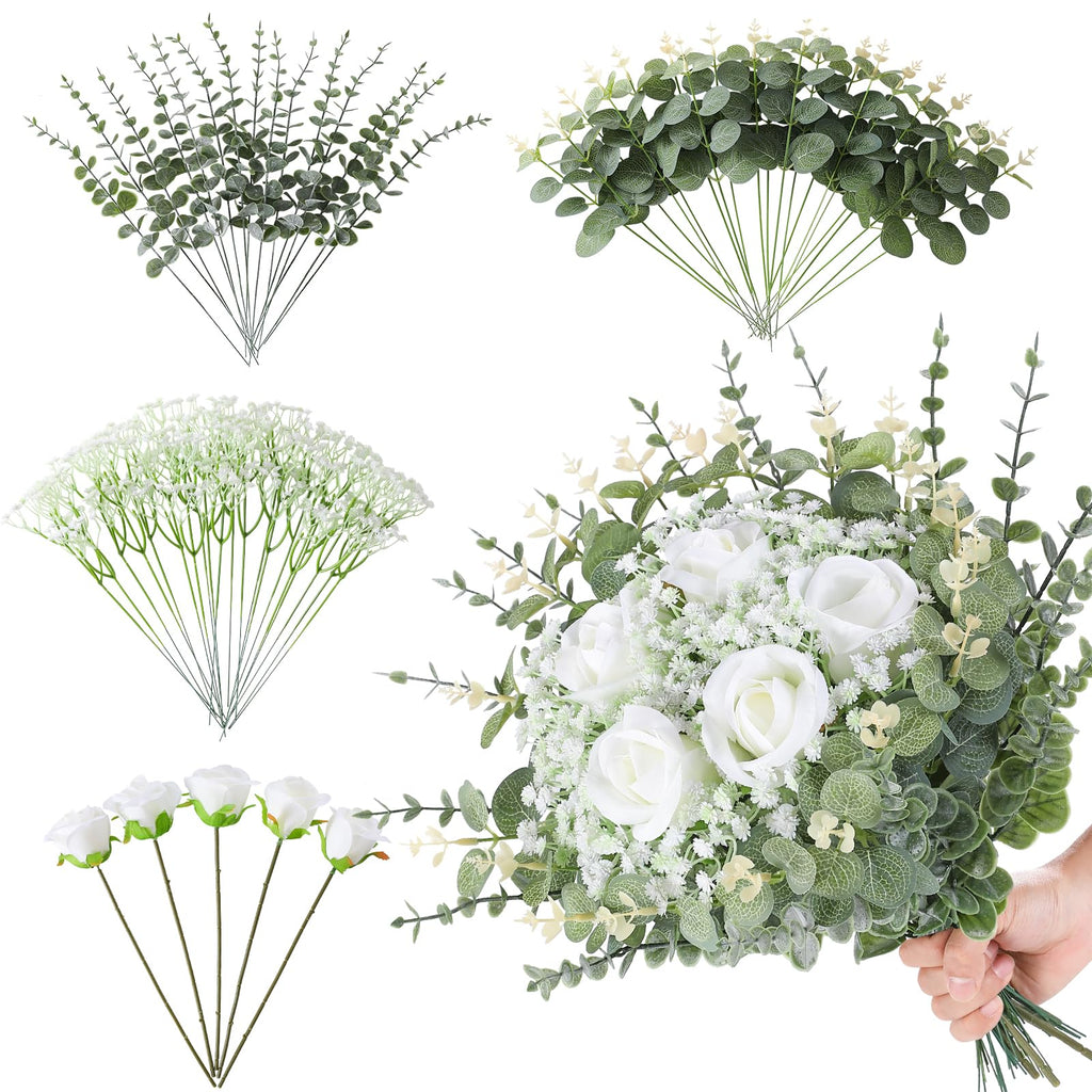 60 Pcs 4 Kinds Mixed Artificial Eucalyptus Stems Rose Baby's Breath