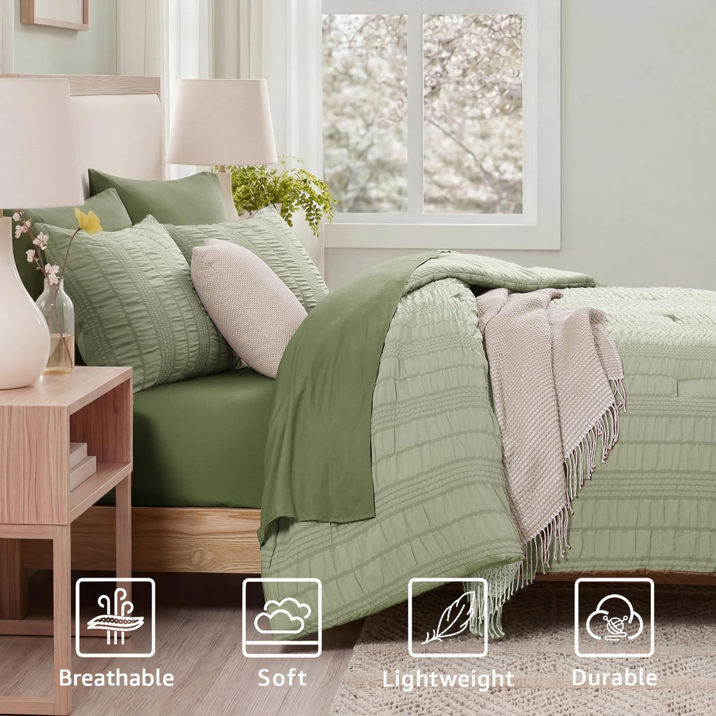 Full Size Comforter Set, 7 Pieces Sage Green Seersucker Bed in a Bag Full Size Soft All Seasons, Bedding Sets Full