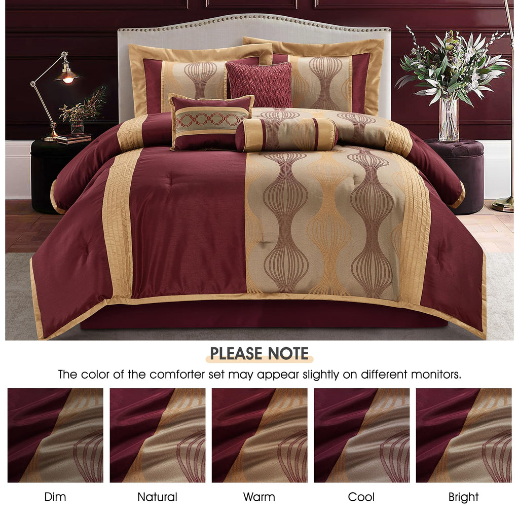 King Comforter Set, Wine Gold, 15 Pieces Room in a Bag, Ultra Soft Jacquard with Patchwork, Luxury Bed Set with