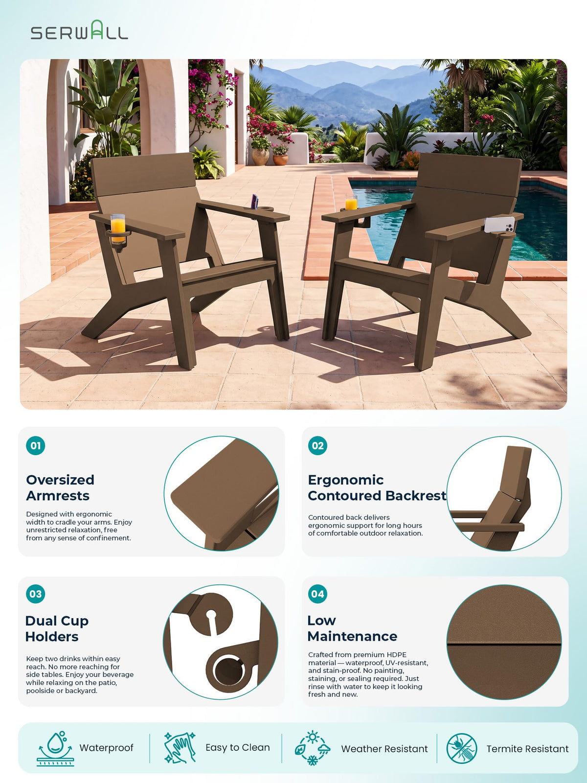 Modern Adirondack Chair Tall Lounge Chair Set of 6, Brown