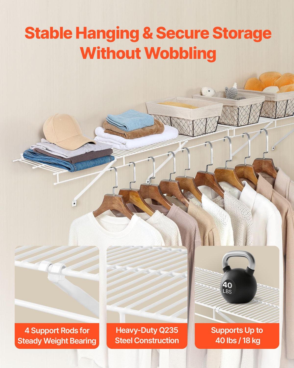 Wire Shelf Kit, 4 ft, Set of 2, Wall Mounted Wire Shelves, Heavy-Duty Carbon Steel Hanging Shelf, Floating Wall