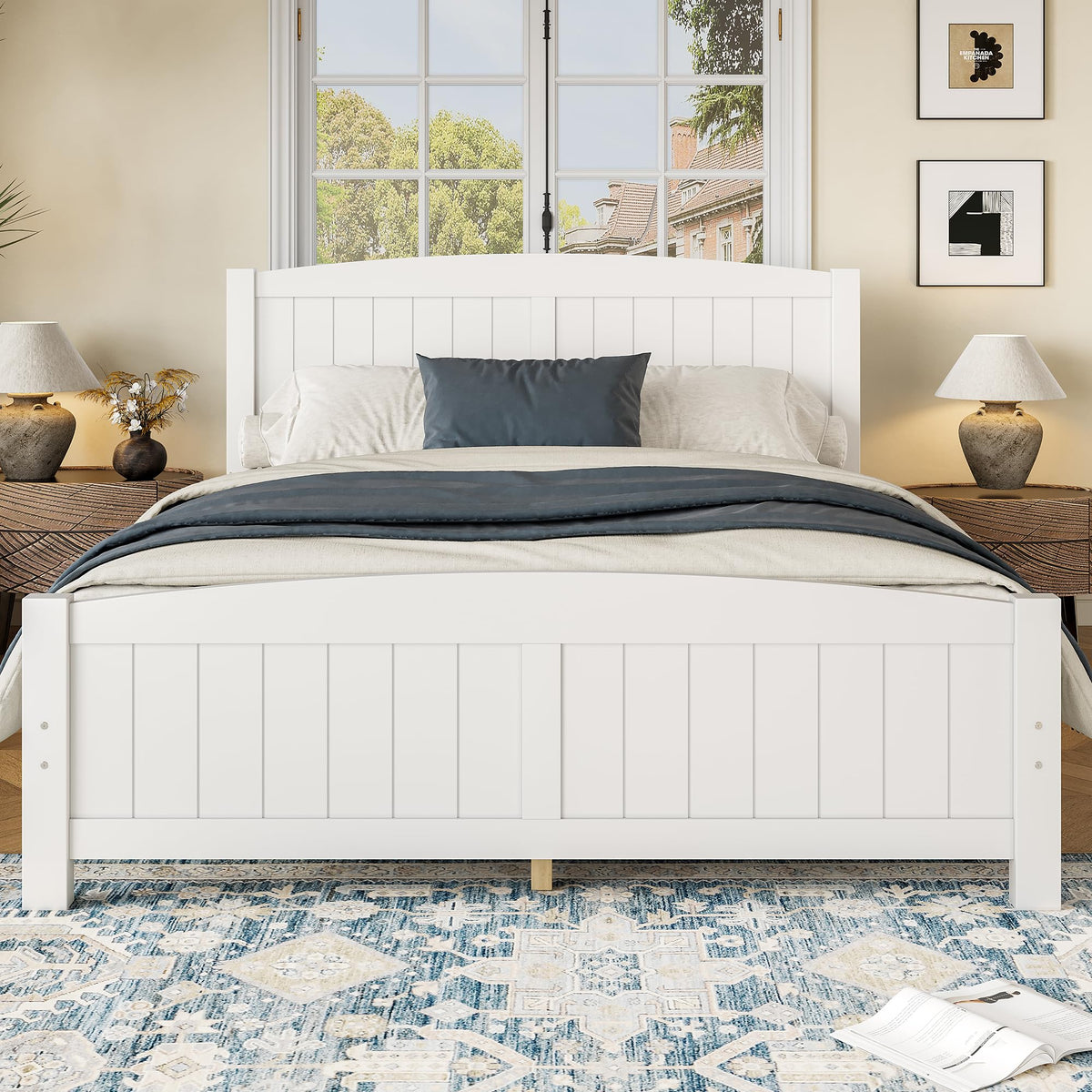 Farmhouse Bed Frame with Headboard & Footboard, White Wood Bed