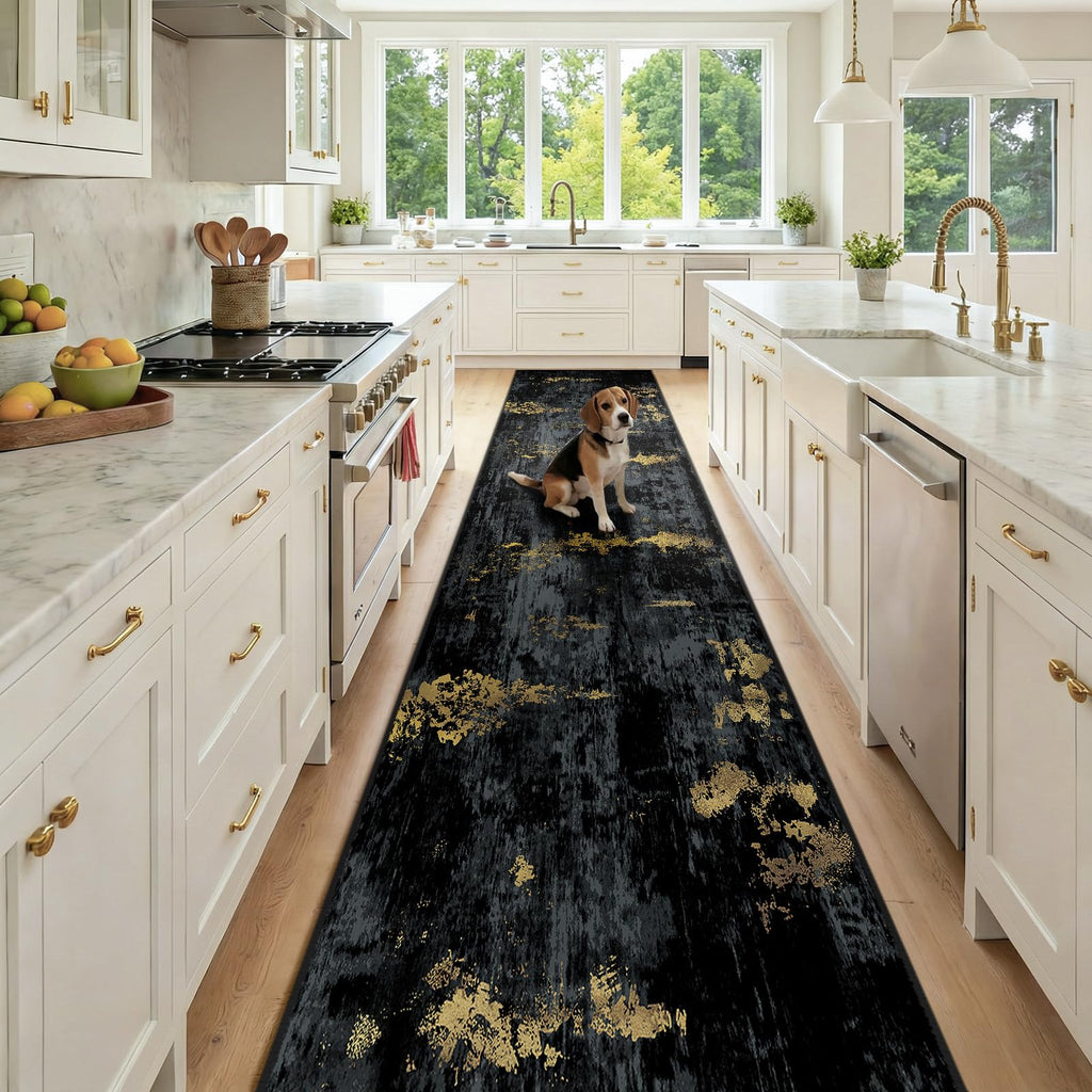 Washable Runner 2'6"x14' Abstract Area Rug Black Gold