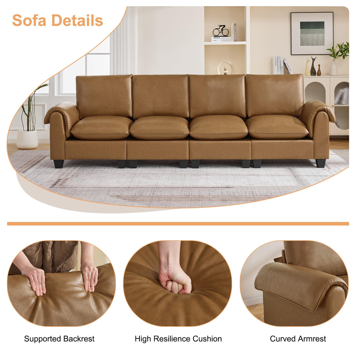 118" Faux Leather Modular Sectional Upholstered, Oversized 4 Seater Couch with Curved Armrests, Cloud Modern