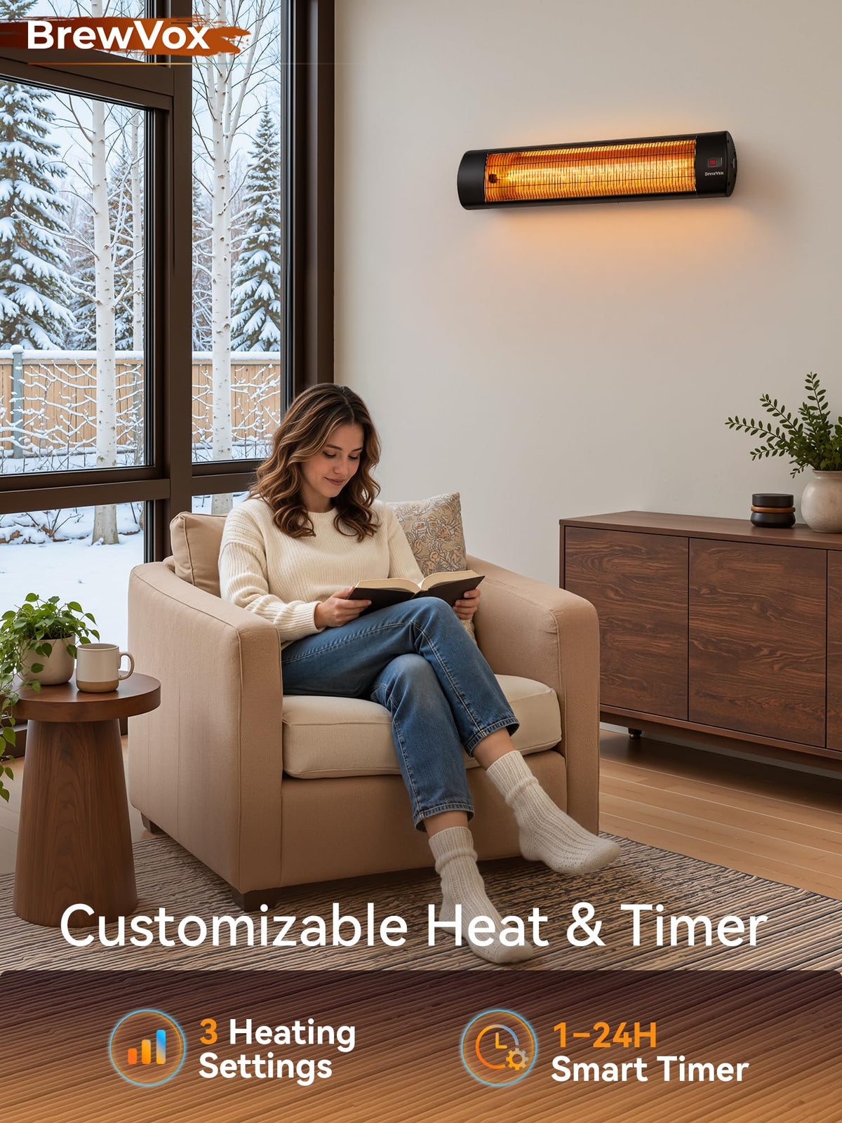 Patio Heater, 34" Carbon Infrared Electric Outdoor Heaters, Remote Control, 24H Timer, Wall & Ceiling Mount