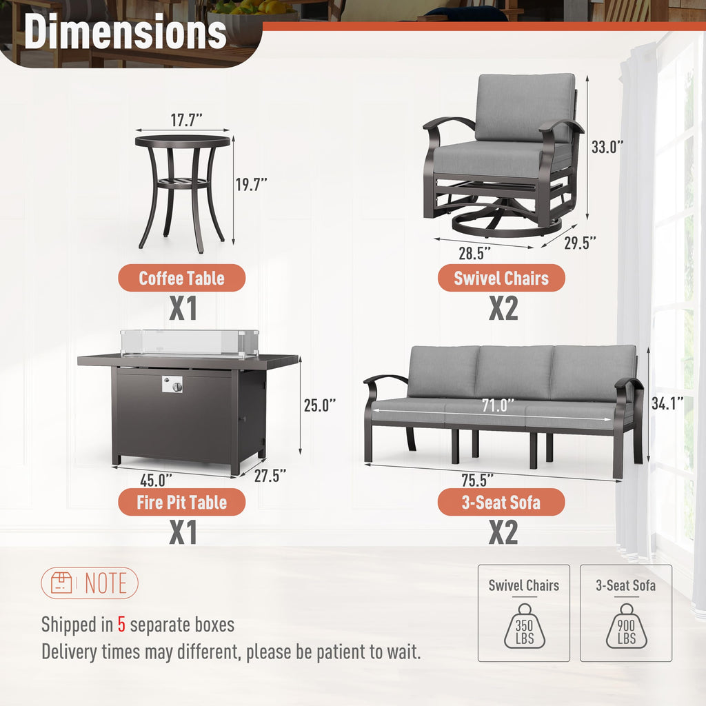Aluminum Patio Furniture Set 8-Seat Modern Metal Outdoor Conversation Sets w/45in Propane Fire Pit Table, Swivel