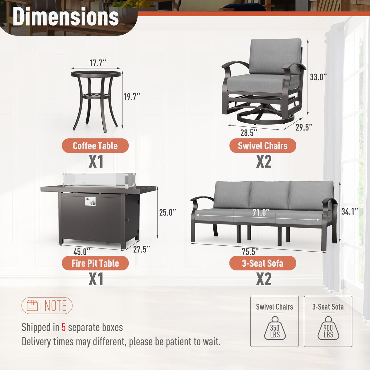 Aluminum Patio Furniture Set 8-Seat Modern Metal Outdoor Conversation Sets w/45in Propane Fire Pit Table, Swivel
