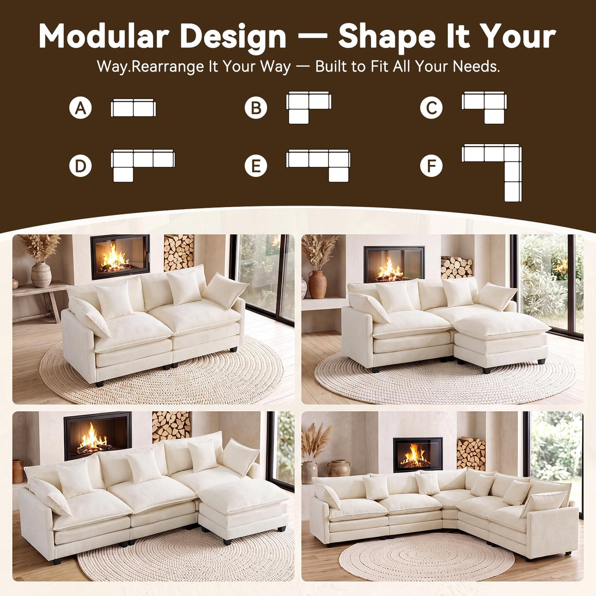 111.4" L‐Shaped Cloud Sectional Sofa Couch, Reversible Chaise, Beige
