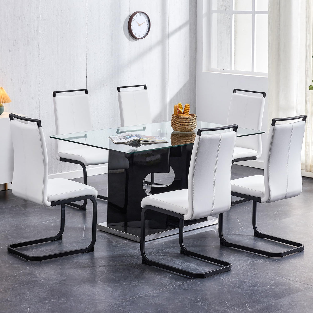 Glass Dining Table Set of 6, 63" Dining Room Table Set for 6, Modern