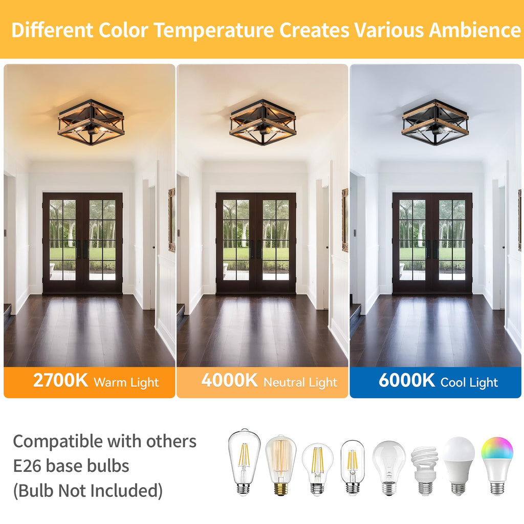 2-Light Black Rustic Wood Farmhouse Flush Mount Ceiling Light Fixture