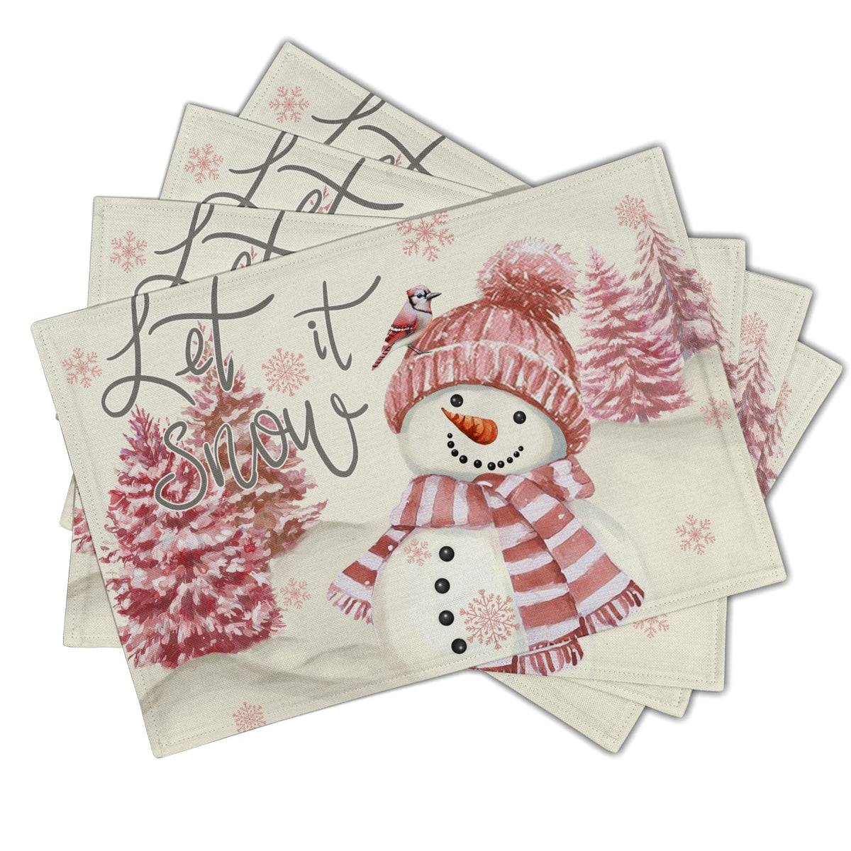 4PCs Pink Snowman Placemats 12x18 Inch Winter Pink Trees Bird Snowflake Decorative Place Mat Christmas Xmas Seasonal