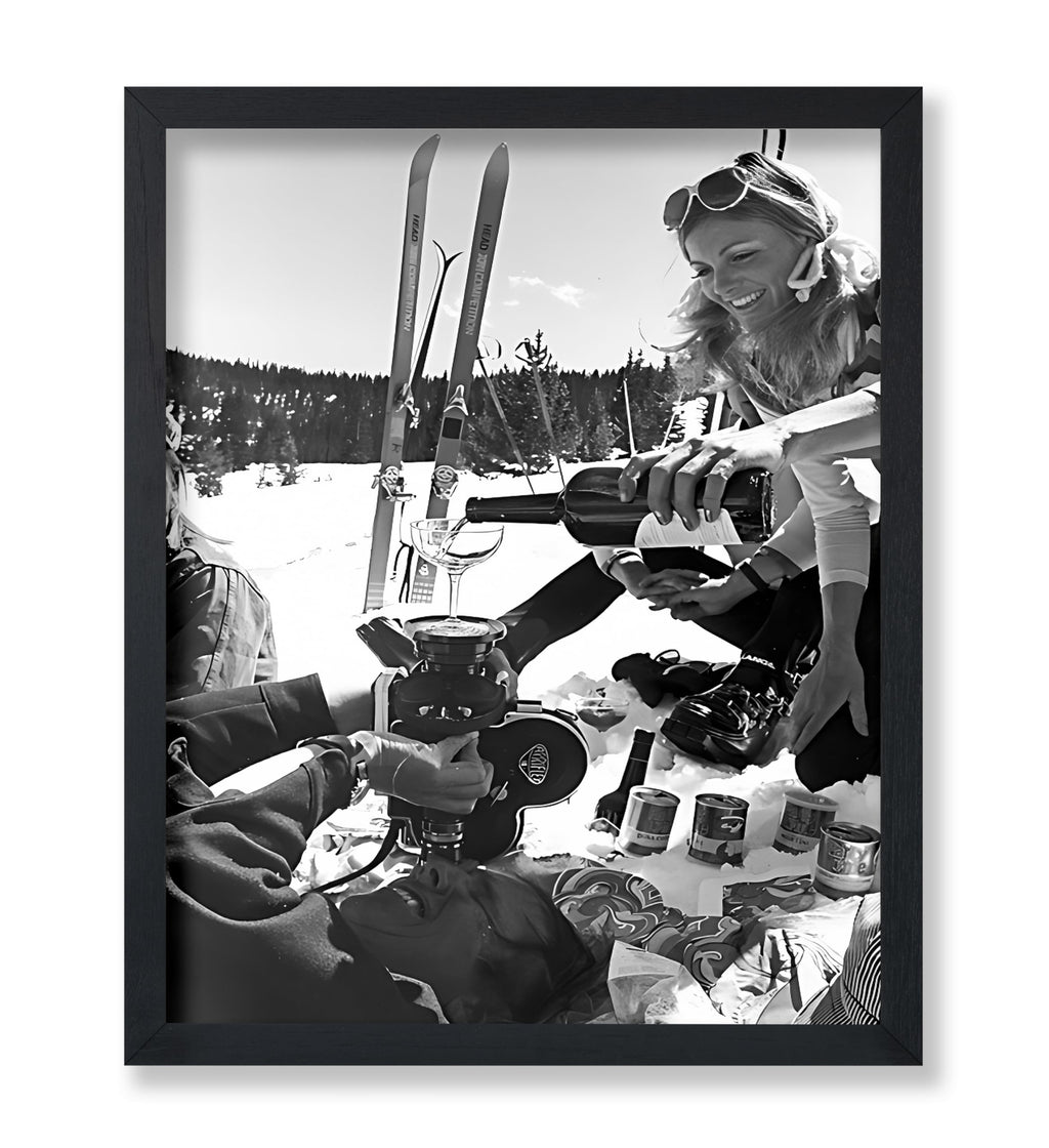 Pouring Champagne Print - Ski Poster - Humorous & Alcohol Illustration - Black and White Wall Design - Winter Snow
