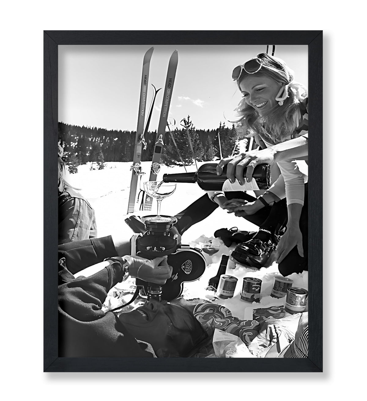 Pouring Champagne Print - Ski Poster - Humorous & Alcohol Illustration - Black and White Wall Design - Winter Snow