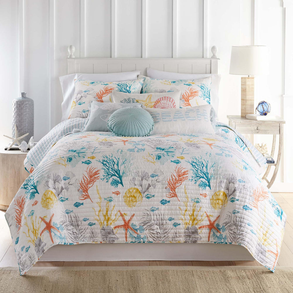 Whimsical Sea Quilt Set - Quilt and Two Standard Shams - Coastal - Blue Teal Yellow Orange Grey White