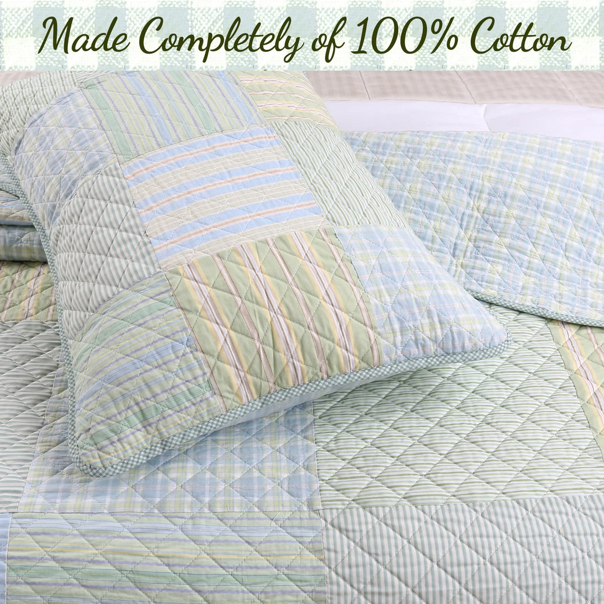 100% Cotton Reversible Quilt Bedding Set, Green Modern Plaid Striped Gingham All-Season Coverlet Bedspread (Juniper