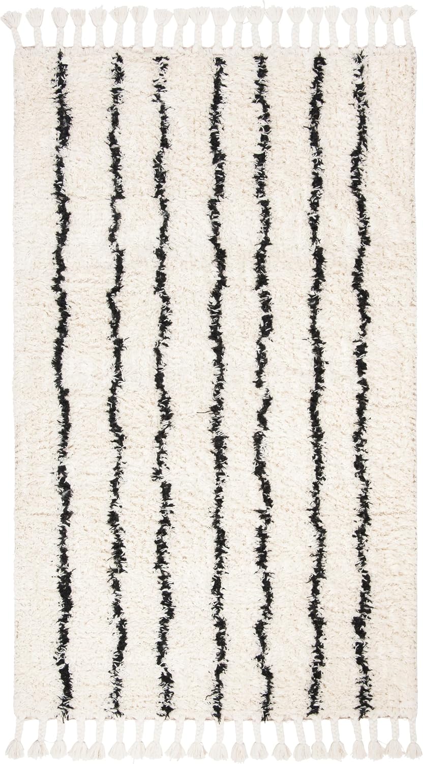 Casablanca Collection Area Rug, Black & Ivory, Handmade Moroccan Boho Tassel Wool, 1.4-inch Thick Ideal for