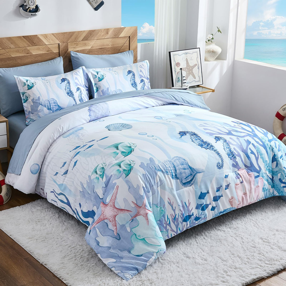 Comforter Set Coastal, Coral Beach Themed Comforters Diving Deep Ocean Bedding with Sheets 7 Pieces Bed in