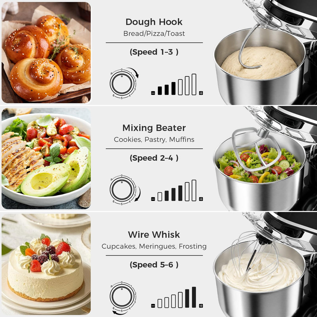 Stand Mixer, 6 Speed Tilt-Head Electric Kitchen Mixer with 6.3QT Bowl
