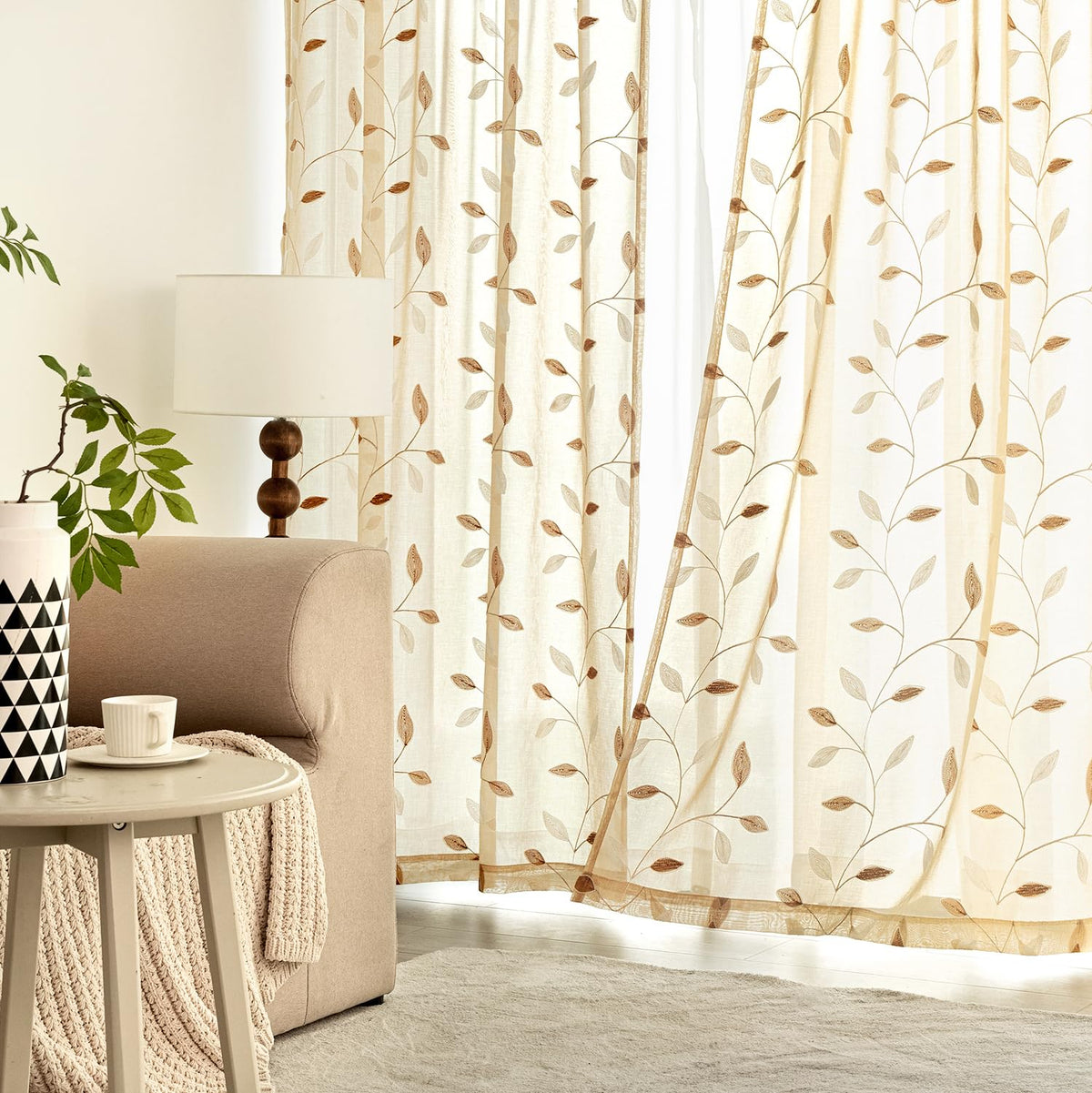 Beige Sheer Curtains 2 Panels Embroidered Leaf Patterned, W52 x L84