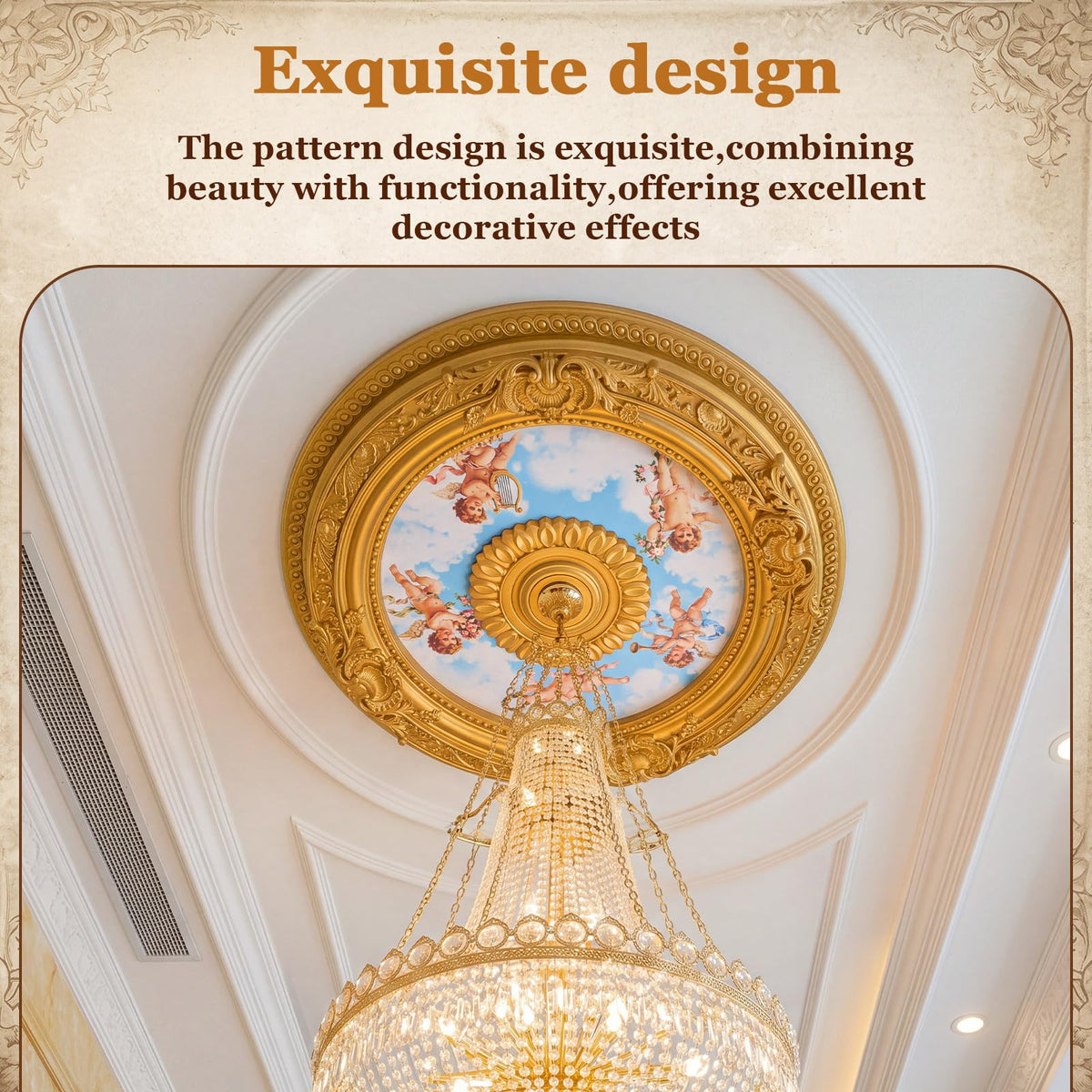 24" OD X 2.36" ID Gold Ceiling Medallion, Round Cherubs Sky