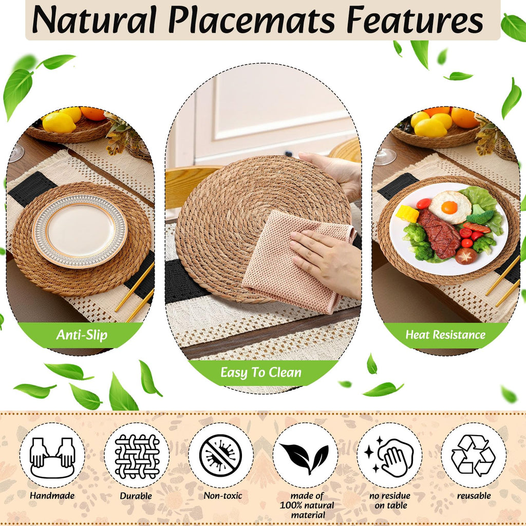 6 Sets Boho Table Runner and Woven Round Placemats Set, Black, 12x72