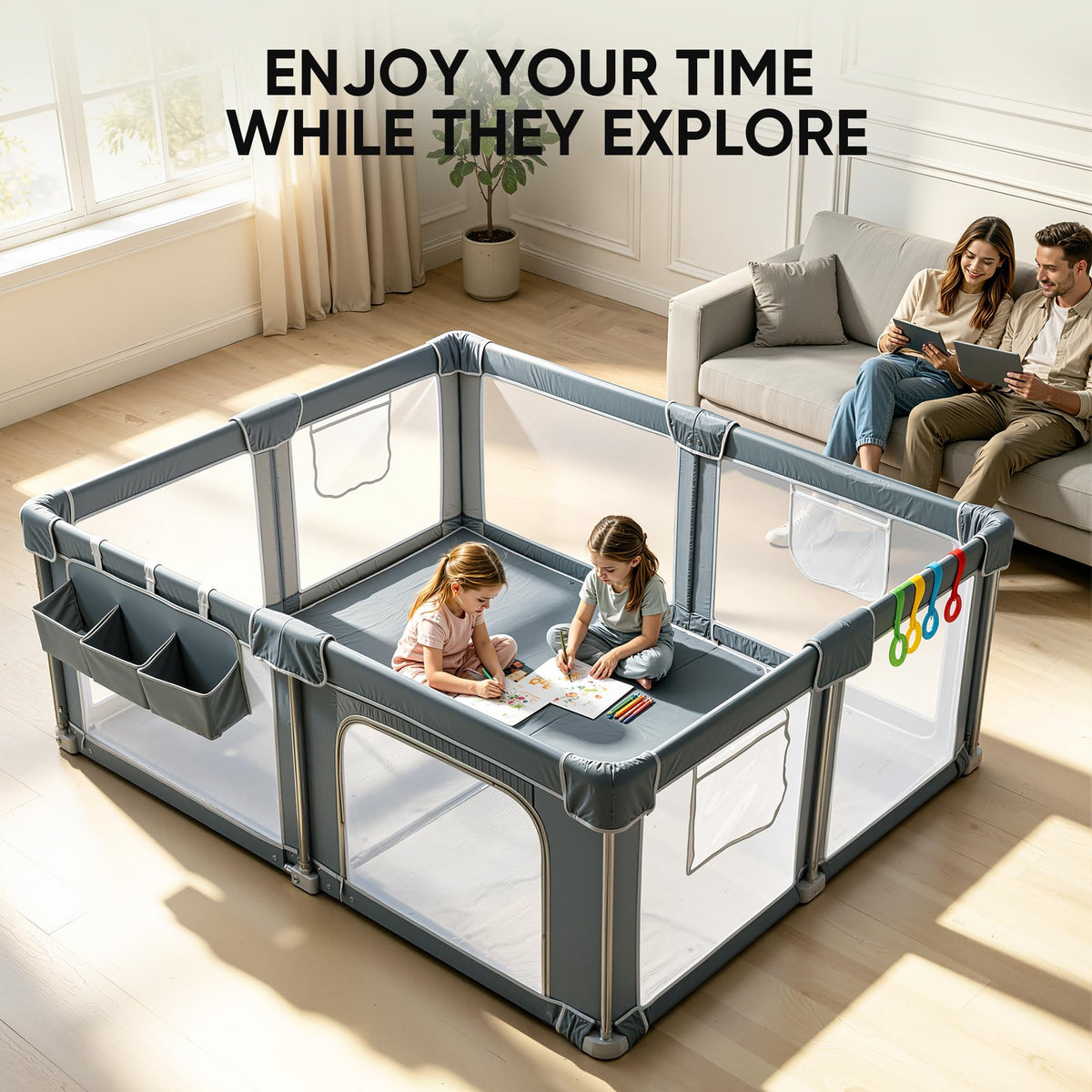 Foldable Baby Playpen 59x71 with Mat, Portable Play Yard