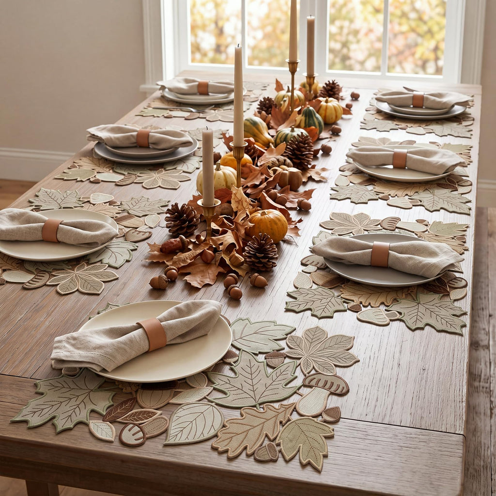 Fall Placemats Set of 6, Embroidered Maple Leaf Table Mats, 11 x 17 Inch