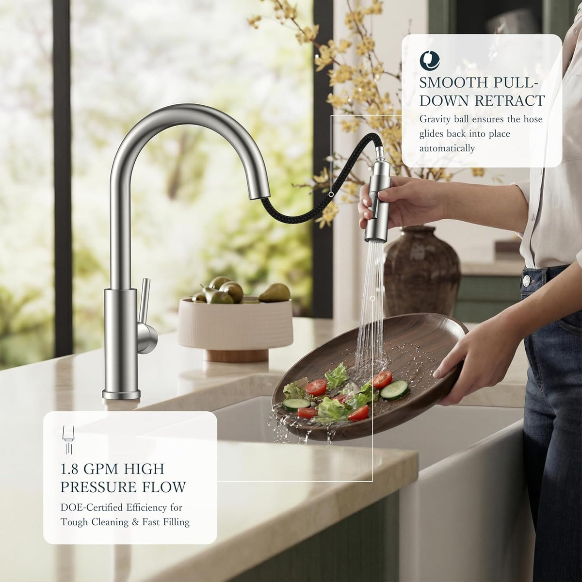 Kitchen Faucets with Pull Down Sprayer, Brushed Nickel Classic Single Handle Stainless Steel High Arc Faucet for Kitchen Sink, 1 Hole with Deck Plate Sink Faucet for Bar RV Farmhouse Laundry