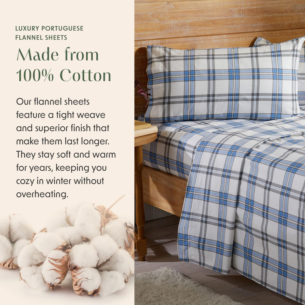 Portuguese Flannel Sheets | 100% Cotton - Plaid - Blue