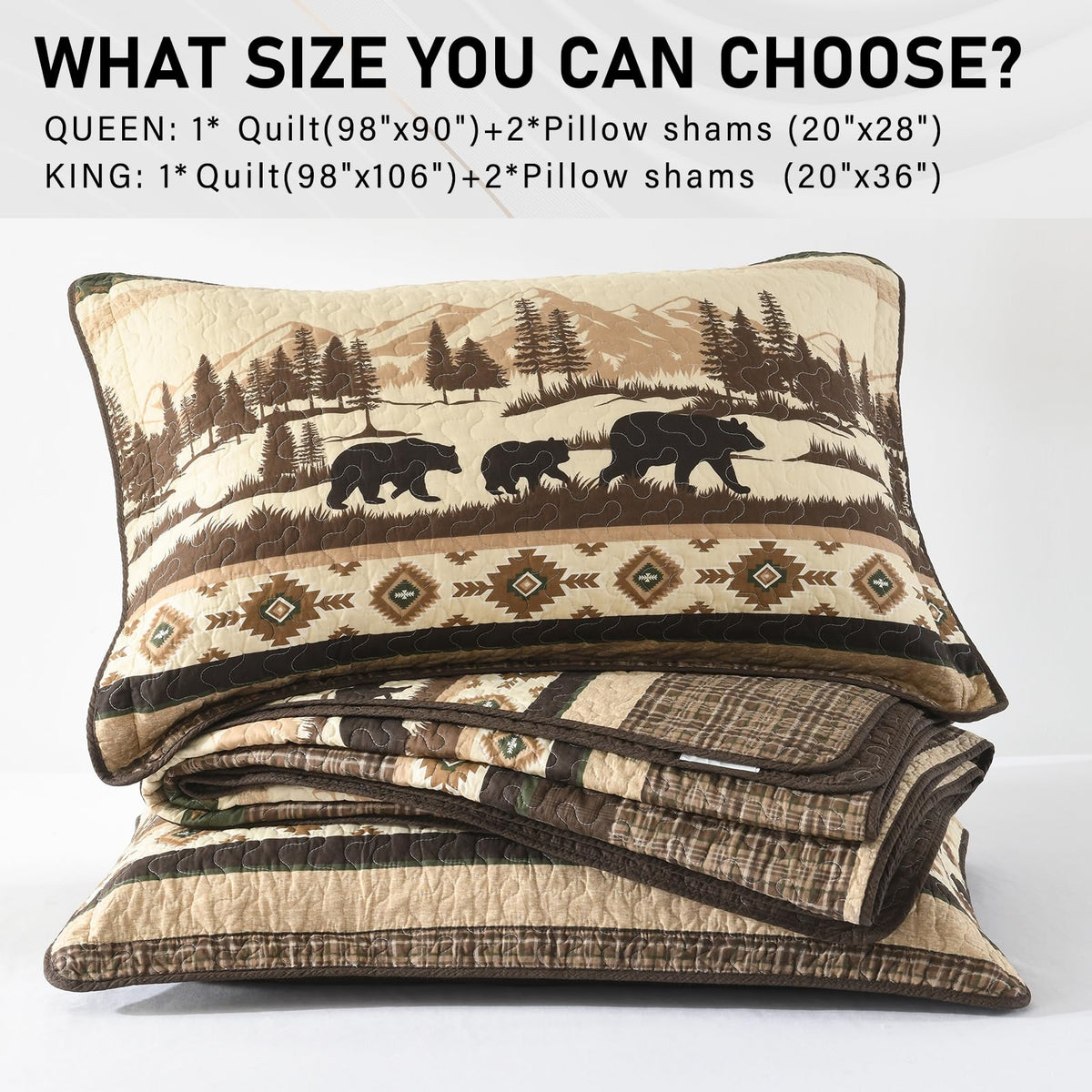 Cabin Quilt Set, 100% Cotton Farmhouse Bedspread, Forest Tree Brown Bear Deer Striped Patchwork Reversible