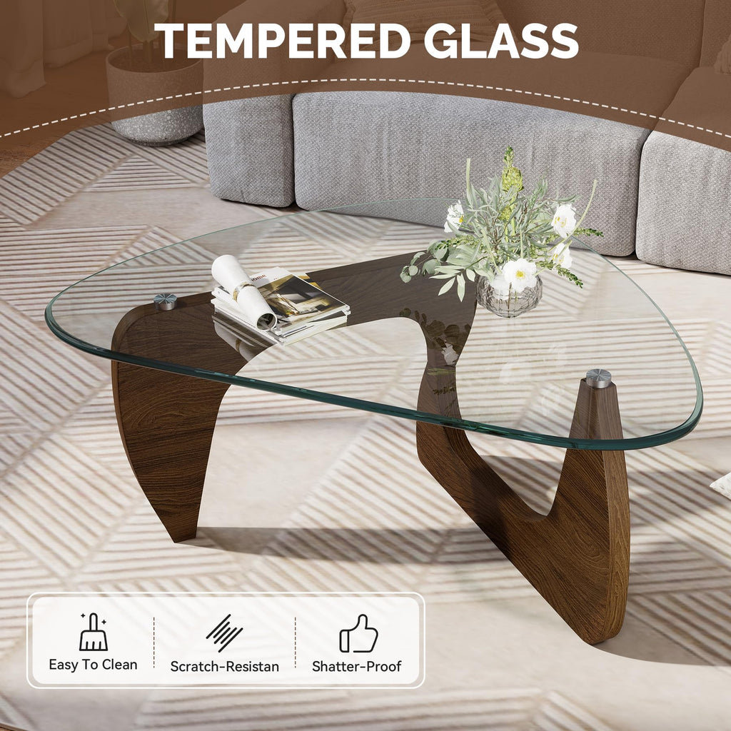 Inspired Noguchi Style Modern Glass Coffee Table, Triangle Center Table with Tempered Glass Top& Unique Wooden Base, 42.5" Mid Century Tea