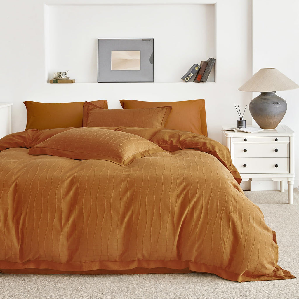 Duvet Cover Queen Size 100% Cotton 3 Pcs Set 1 Jacquard Plaid Duvet Cover with Zipper Ties 2 Pillow Shams Burnt