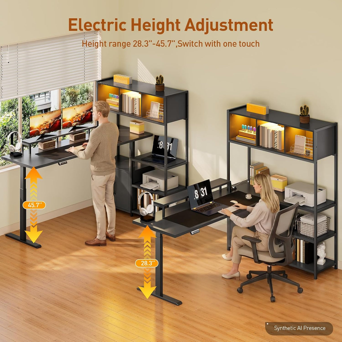 55'' L Shaped Standing Desk, Sit Stand Desk with Storage Hutch | Stand Up Corner Gaming Desk with Shelves, Cabinet