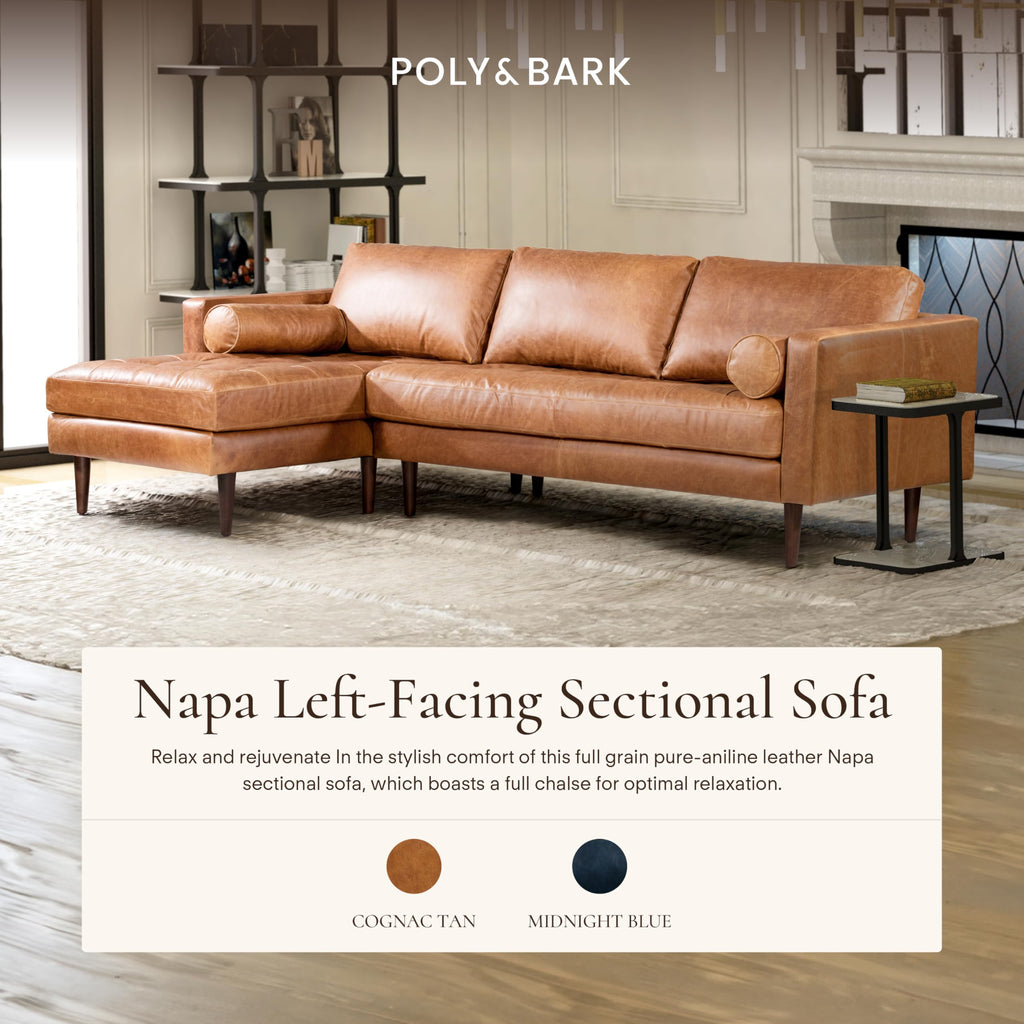 Napa 104.5" Left-Facing Sectional Sofa - Cognac Tan Full-Grain Pure-Aniline Italian Leather, Feather-Down Cushions