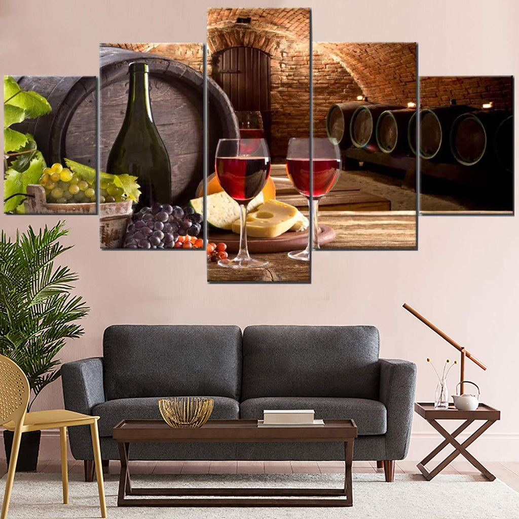 Wine Wall Art Decor Dining Room Grapes Fruit Canvas Wine Bottle Pictures 5 Piece Paintings Modern Artwork Decorations
