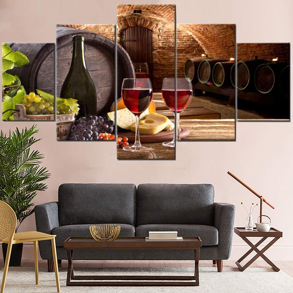 Wine Wall Art Decor Dining Room Grapes Fruit Canvas Wine Bottle Pictures 5 Piece Paintings Modern Artwork Decorations