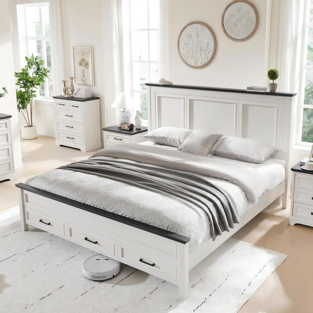 Farmhouse Bed Frame with 53" Tall Headboard, Off White