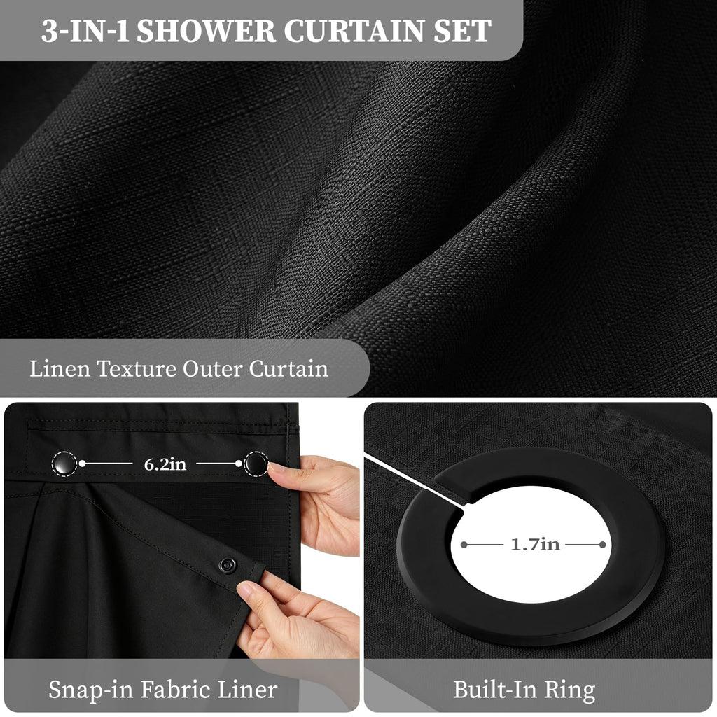 48x75 Ringless Linen Textured with Snap in Liner, Black
