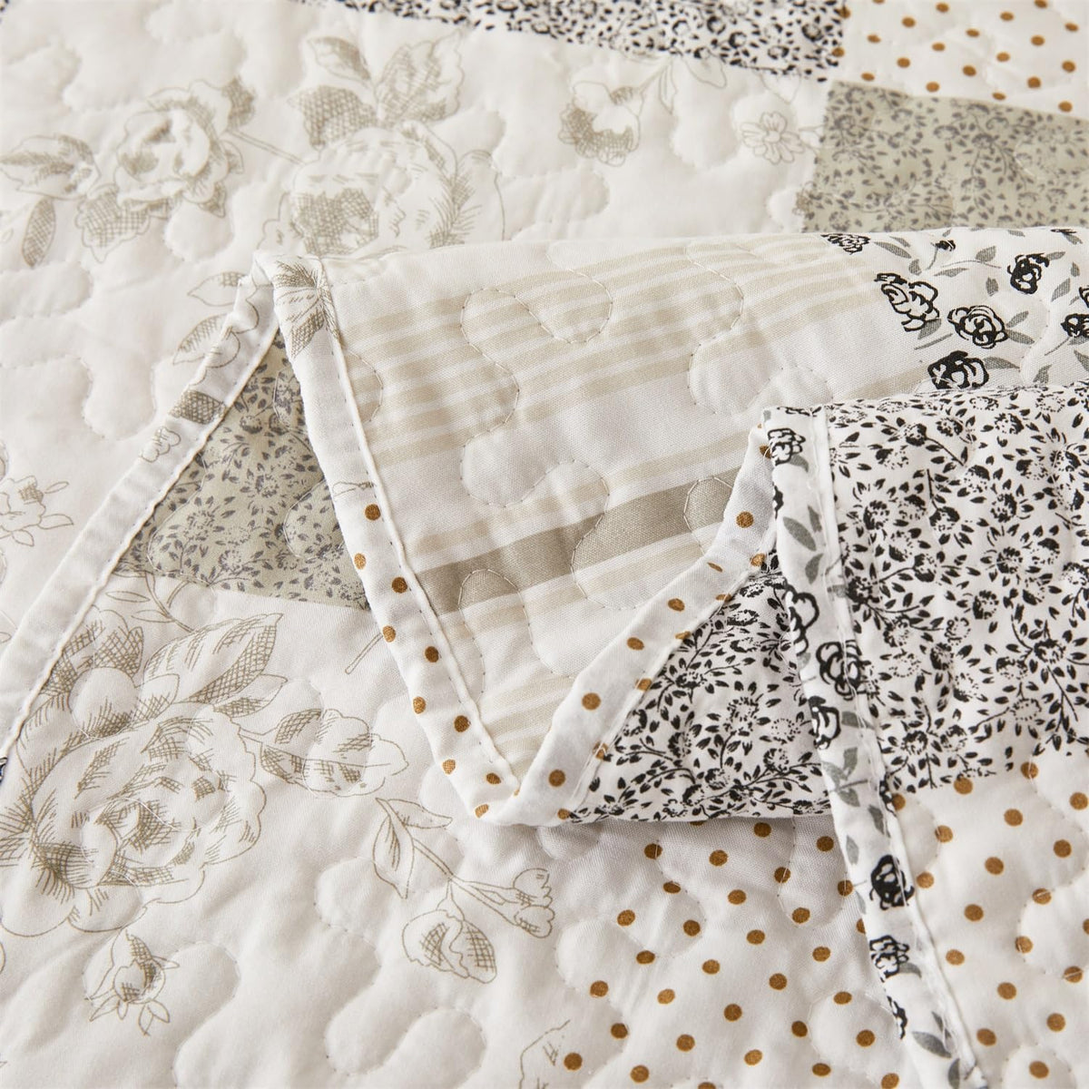 Summer Floral Quilt Set, Grey Patchwork Quilts, Reversible Quilted Bedspread with 2 Shams, Vintage