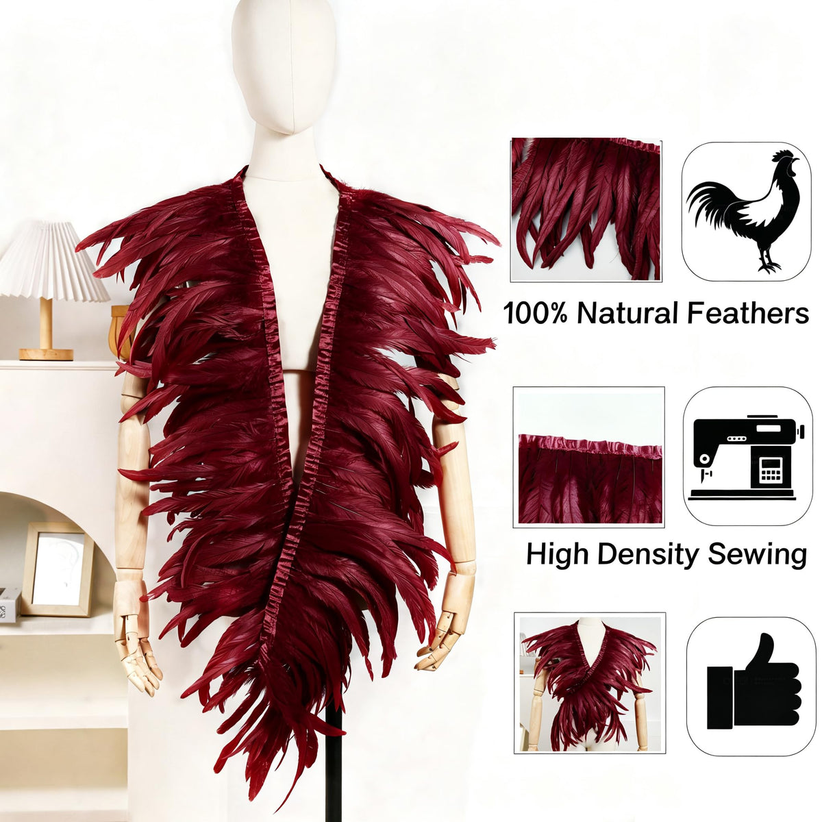 Burgundy Feather Trim for DIY Sewing Crafts, 10-12inch 2 Yards