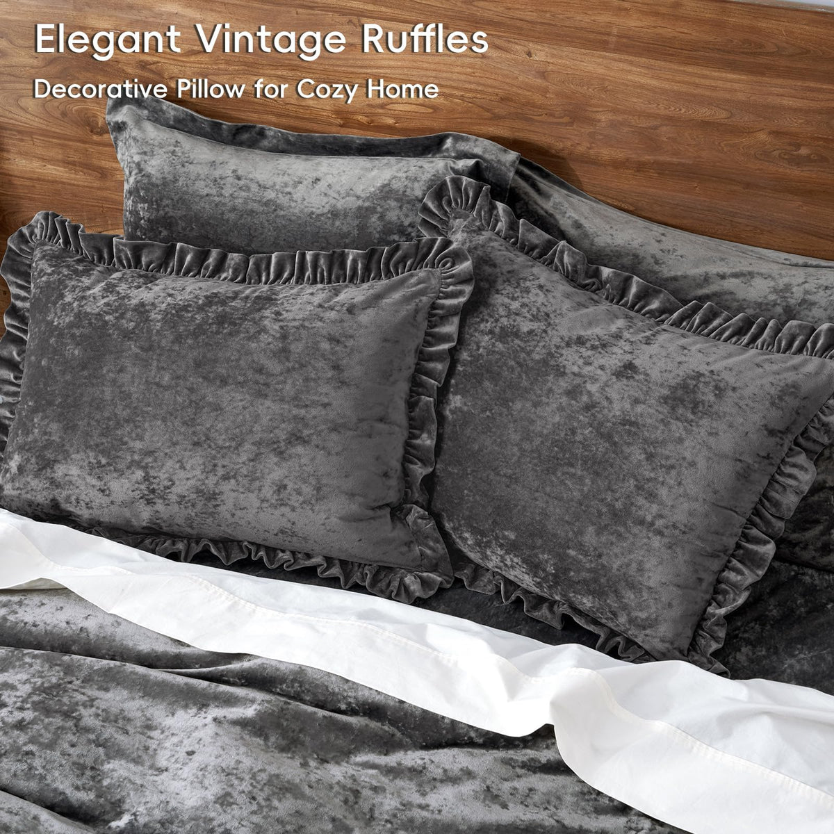 Truly Velvet Ruffle Pillow Shams Standard 20" x 26", Dark Grey