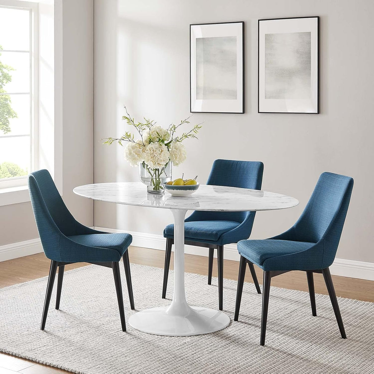 Inspired Saarinen Style Tulip Oval Pedestal Dining Table — White Base / Marble Top, 60″ Oval