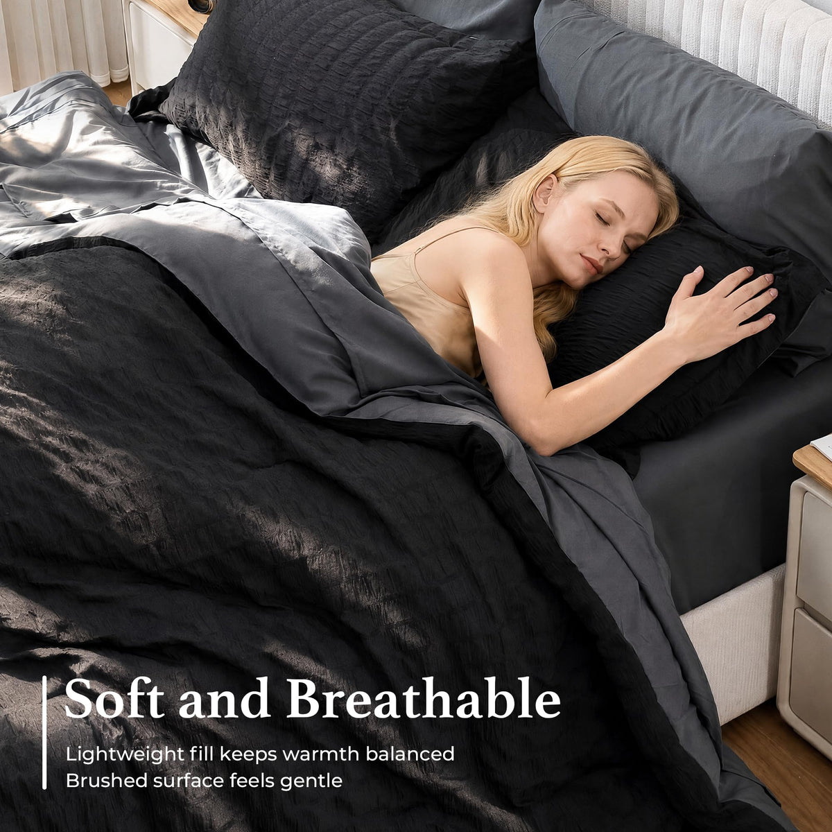 Black Seersucker Comforter Set, 7-Piece Bed in a Bag