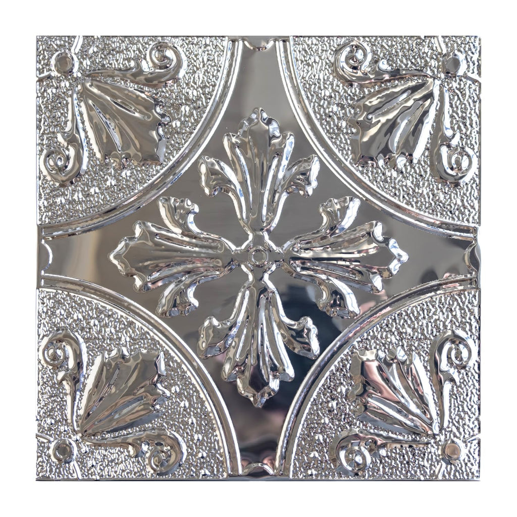 Peel and Stick Metal Backsplash Tiles, Silver Fleur, 10-Pack