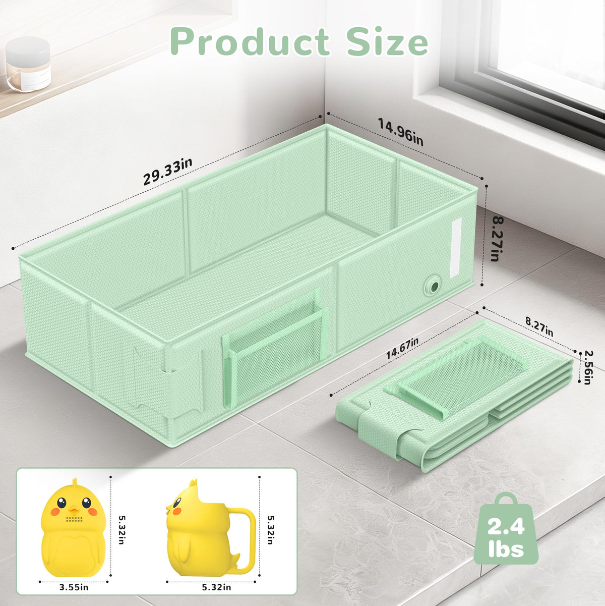 Collapsible Baby Bathtub, Foldable Toddler Bath Tub with Chick Pattern Bath Rinse Cup, No Assembly Portable Travel