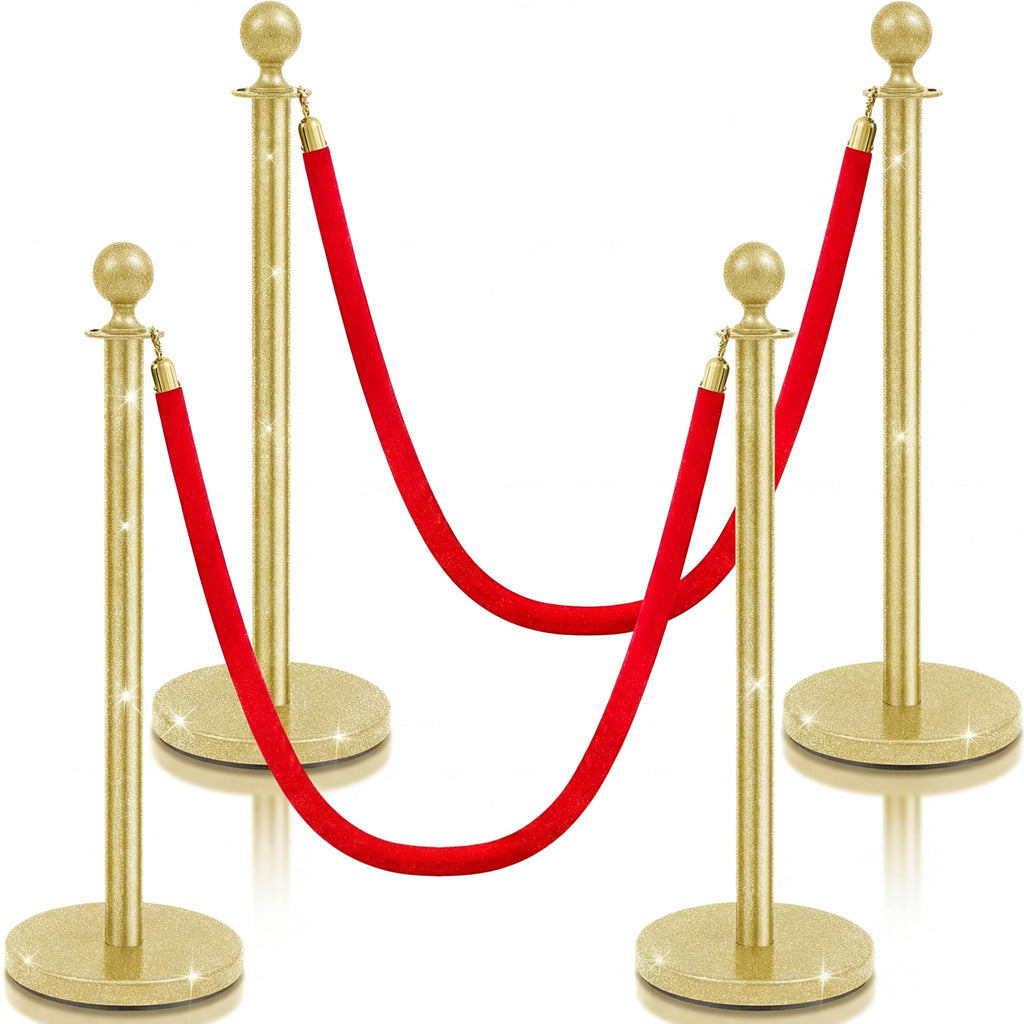 4 Pcs Stainless Steel Stanchion 38 Inch, Velvet Rope, Glitter Gold